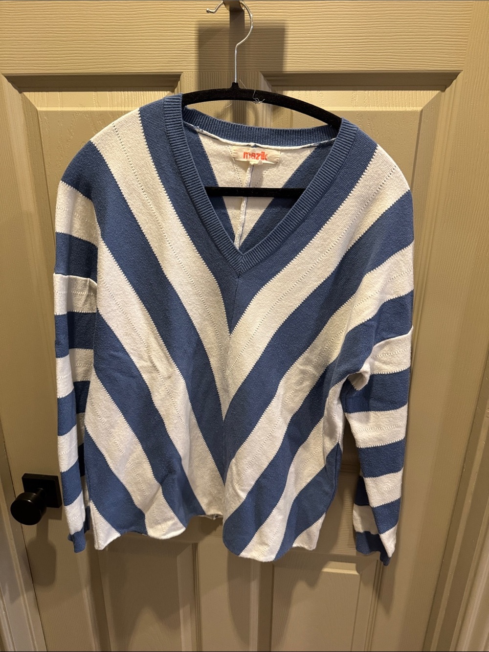 Mazik Blue and White Striped V-Neck Sweater